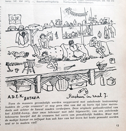 Den Haag 1967. Adek Batavia; Rustuur in Zaal 7. ca 1944. Potloodtekening van een onbekende vrouw in: Tong Tong 11 (1967) 22 (30 mei) pagina 13. "Speciaal 3 Pagodennummer" geheel gewijd aan de "Burmalijn". Met een eerste "Volledige lijst van Kampen langs de Dodenspoorweg". In de jaren '50 en '60 werd in Nederland de WO II in Azië alleen in Indische kring herdacht met name tijdens de 'reunies' {1942:Jakarta}
