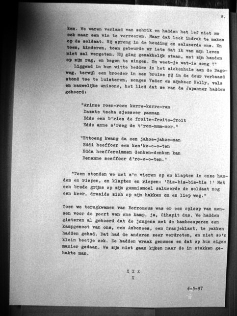 Frits van den Bosch. Het land van ooit en nooit weer. Pagina uit het typoscript. De Jap kende hetzelfde kinderliedje als Frits over een groen groen groen groen knollenknollenland {2001:Bandung}