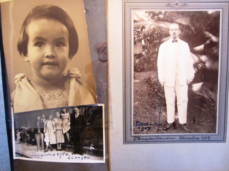Een pagina uit het fotoalbum van Anneke. Hier is ze een jaar of 2 en woont met haar ouders en oudere zus in Batavia. Rechts een foto van haar vader uit 1917 toen hij voor het Binnenlands Bestuur op de Sangihe-eilanden (Noord-Celebes) werkte. Linksonder een familiefoto uit 1950 in Schagen {1935:Jakarta, Indonesië}
