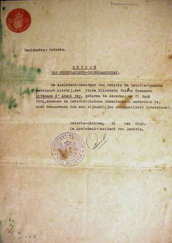 Bewijs van Nederlands Onderdaanschap. Flora is eigenlijk Statenloos {1940:Jakarta}
