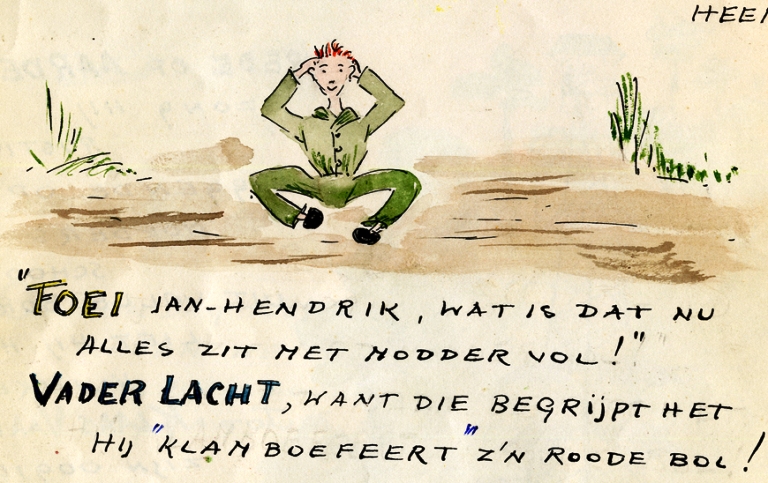 Tekening uit 'Jan-Hendrik Prisoner of War'. Jan-Hendrik weet hoe hij zijn rode haar moet verbergen: klamboefeeren met modder {1941:Palembang, Sulawesi, Indonesië}