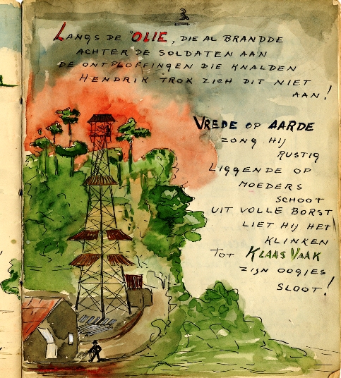 Tekening uit Jan-Hendrik Prisonar of War Vlucht uit Palembang, januari 1942. Per auto vlucht het gezin naar de Oosthaven voor de laatste boot naar Java. De rit duurt 17 uur. Om hen heen brandt de olie {1942:Palembang}