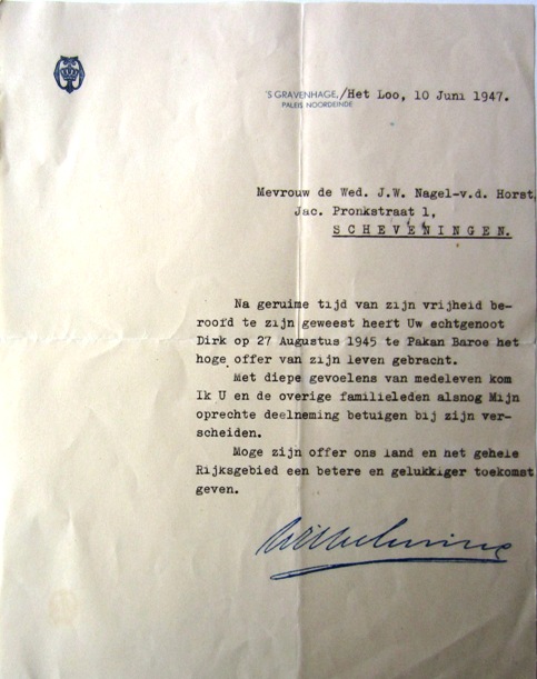 In 1947 krijgt Jo van koningin Wilhelmina een bewijs van medeleven voor het overlijden van Dirk {1947:Den Haag}