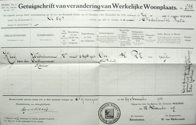 Om zich in Indië te kunnen vestigen moet Minke bij het gemeentehuis van haar woonplaats een verhuisverklaring halen, het zogenaamde Getuigschrift van verandering van Werkelijke Woonplaats {1927:Wijchen}
