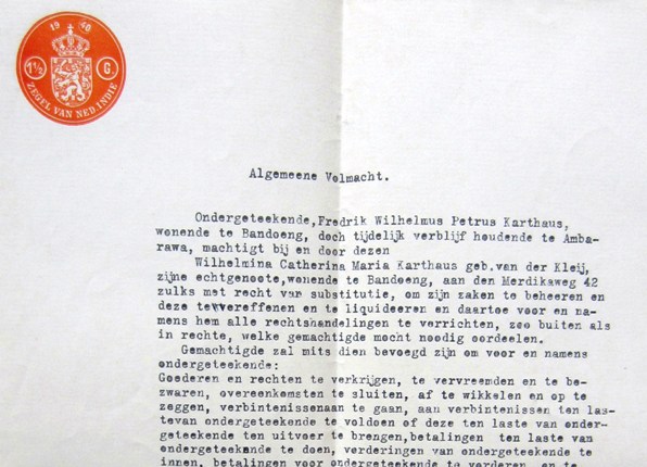 Uit het interneringskamp Ambarawa ontvangt Minke in 1940 een Volmacht van haar man om over zijn bezittingen te beschikken {1940:Ambarawa}