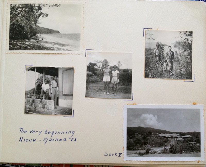 pagina uit Hannekes fotoalbum, links een foto van Rolf met wie ze in 1961 in Holland zou trouwen albumblad van Hanneke Klenck Hollandia 1953