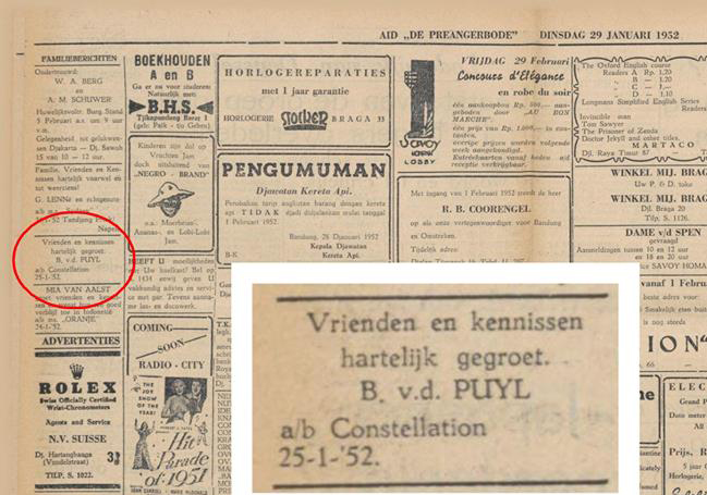 Bandung 1952. Bartholomeus van der Puijl neemt per advertentie in de Preangerbode van 29 januari 1952 afscheid van zijn "vrienden en kennissen" {1952:Bandung}
