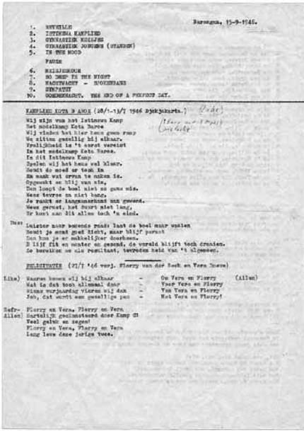 Typoscript uit de collectie Morjan. 15 september 1947. Het kamplied van het Istemakamp Barongan bij Djocja geschreven door Lyke Morjan in september 1947 en later overgetypt door een fan van Lyke in het publiek, die alle cabaretteksten van Lyke zorgvuldig noteerde en ergens in de jaren negentig van de 20e eeuw bij het IWI in bewaring gaf {1946:Barongan, Yogjakarta}