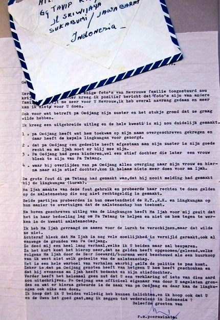 Brief uit Indonesië van H.Sriwijaja uit Sukabumi. Na bijna 30 jaar wordt Christines hulp ingeroepen bij een slepende perkara over een stuk land {1977:Eindhoven, Nederland}