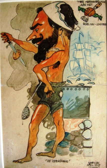 Henri, bijgenaamd de zeerover, in de corveeploeg van Tjimahi, april 1945. Tekening in kleur met opschrift Ter Herinnering aan het Roelink-corvee' {1945:Tjimahi}