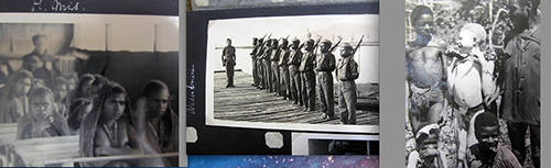 1951 Papoeanisering van de bevolking rondom de Wisselmeren. vlnr: H.Mis, militaire training en gezondheidszorg. "Wat een beeldje", schrijft Free achter op de rechter foto {1951:Paniai, Nieuw Guinea}