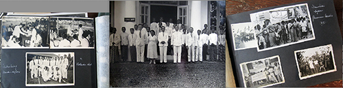 Nederlands Nieuw Guinea 1951. vlnr: uitreiking van de mantri-diploma's, gouvernementspersoneel, een demonstratie tijdens het bezoek van Gouverneur Van Waardenburg aan Manokwarie. Op het grootste spandoek staat: "Wij eisen West-NG blijvend onder Nederl. gezag. Leve de Koningin" {1951:Numforees, Nieuw Guinea}